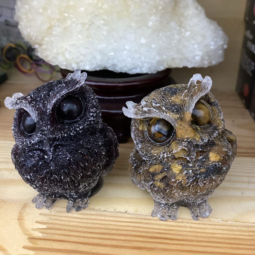 YUYAKESHI Owl Figurine, Mascot, Cute Mini Owl, Entryway, Garden, Pebble Container, Natural Stone Owl, Resin Decor, Small Item, Includes Mat (Obsidian)