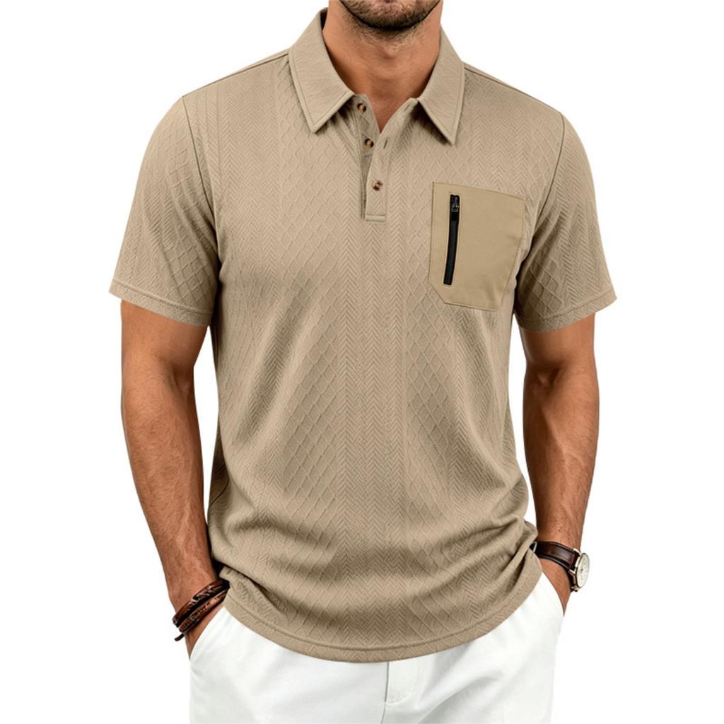 Men's Jacquard Casual Loose Fit Business Short Sleeve Polo Shirt with Collar Pocket and Zipper Detail Suitable for Daily Wear