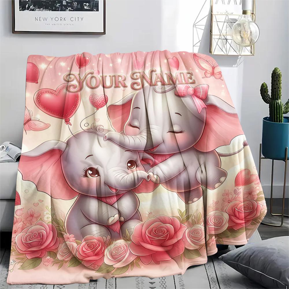 1PC Custom Name Moonlit Elephant Dreams Patterned Flannel Blanket Suitable For All Seasons for Home Decor Warmth and Comfort Gifts Holiday Present_lx