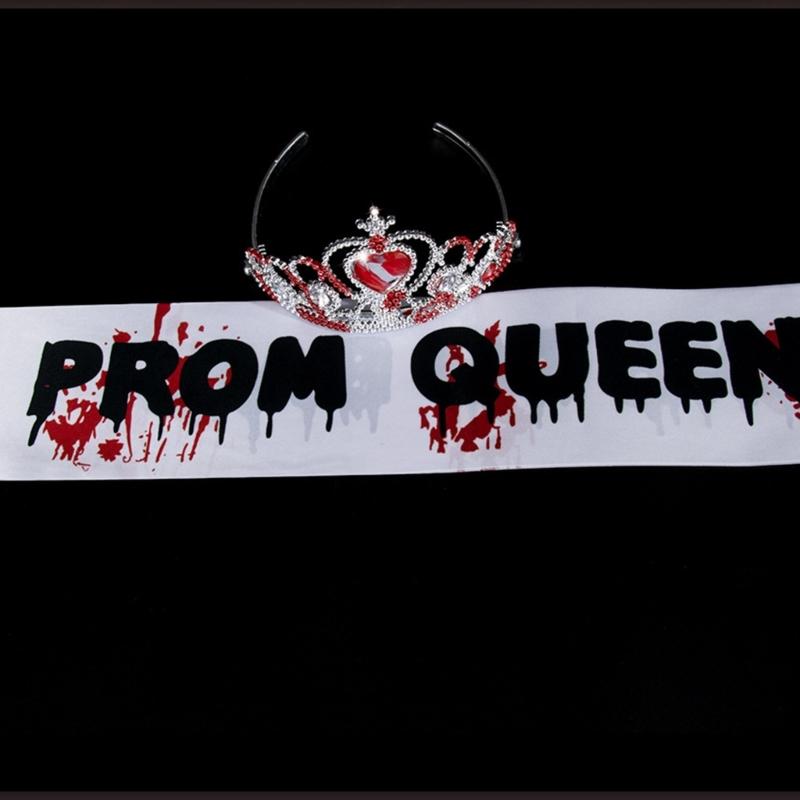 Halloween Abschlussballkönigin Kostüm Blutiges Nachthemd Kleid Abschlussballkönigin Schärpe Kronen Stirnband Cosplay Verkleidungsparty Zubehör