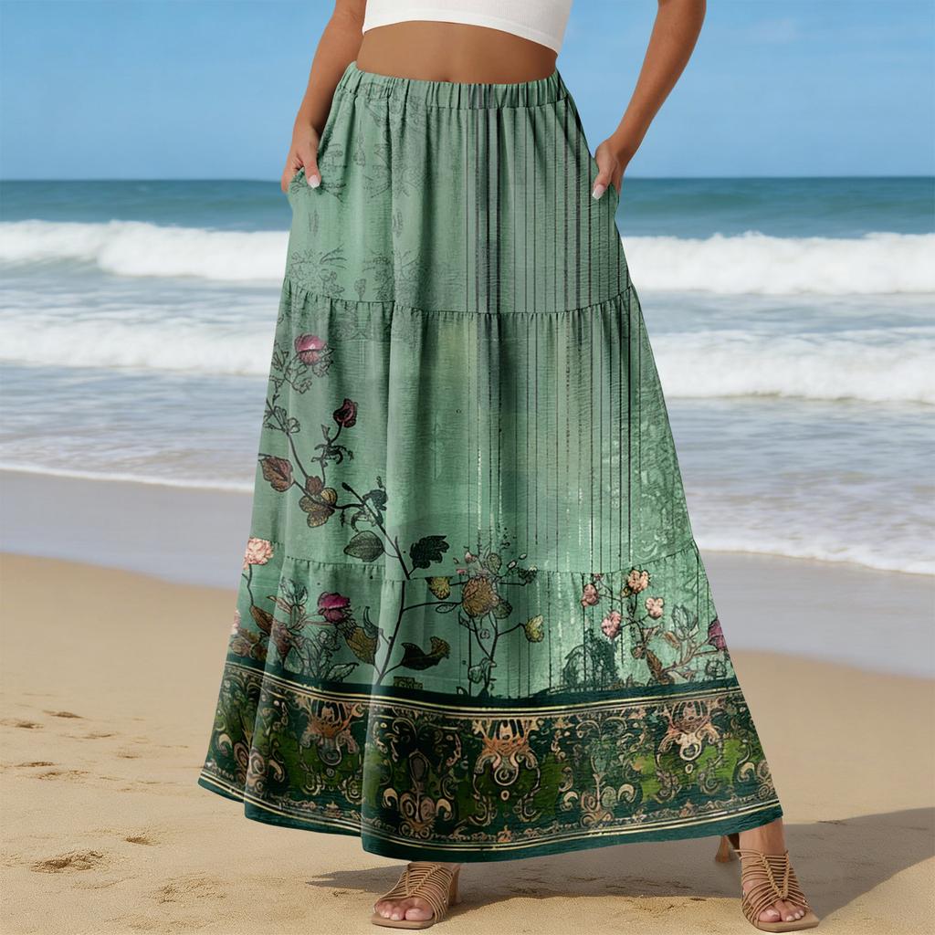 Women's Casual High Waist Drawstring A-line Skirt Color Skirt With Pockets