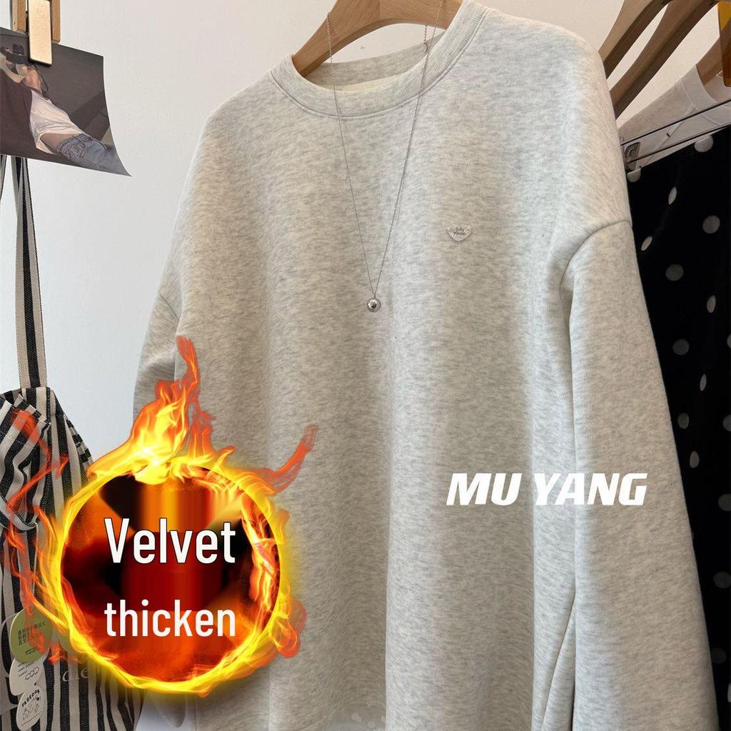 Women's Korean Lace Trim Round Neck Fleece Sweatshirt - Winter Mid-Length Loose Fit