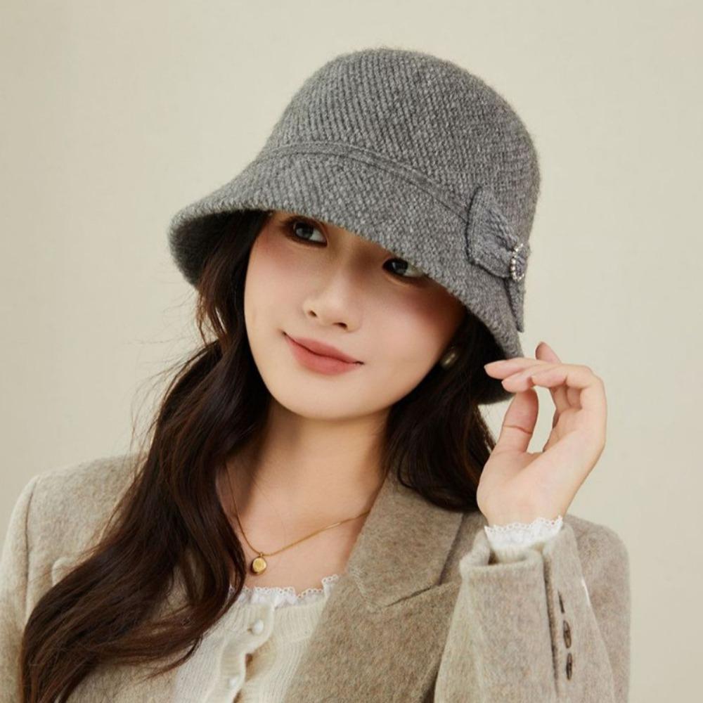

Elegant Bow Fisherman Hat Thickened Windproof Bucket Hat Solid Color Foldable Basin Caps серый