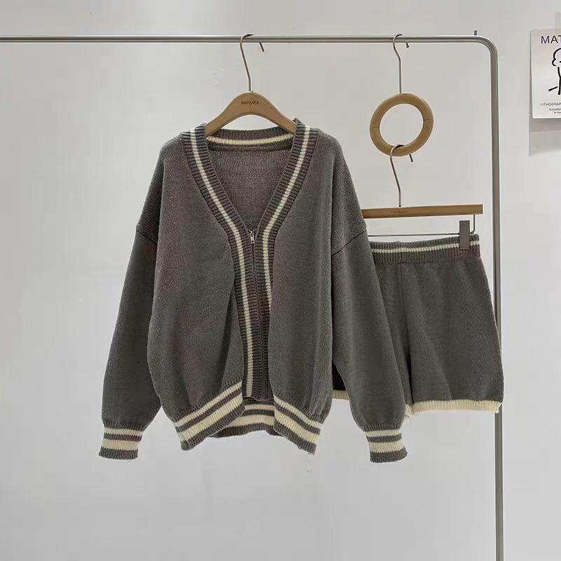 Cárdigan de Punto Holgado de Moda con Cuello en V y Cremallera, Suéter, Shorts Casuales de Cintura Alta, Conjunto de Dos Piezas, Ropa Elegante y Sencilla para Otoño Invierno