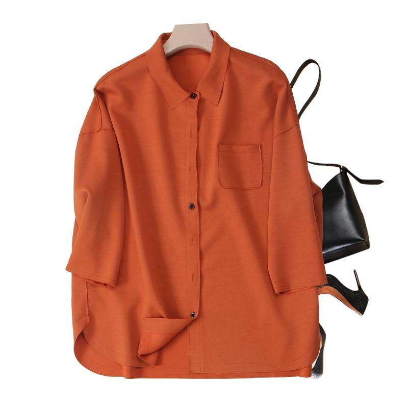 

Comfortable to Wear Both of Them! Workplace Elegant Women s Knitted Cotton Lapel Drop Shoulder Single-Breasted Thin Coat Summer Breathable Base Shirt Orange Red XL