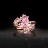 Sweet Pink Heart Shaped Cut Zircon Rings for Women Luxury Gold Tone Multi-layer Branch Dainty Bling Ring Jewelry