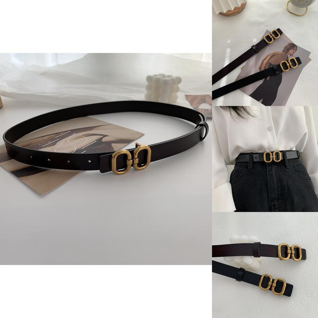 Womens Genuine Stylish Leather Vintage Versatile Double Layer Cowhide Belt Black