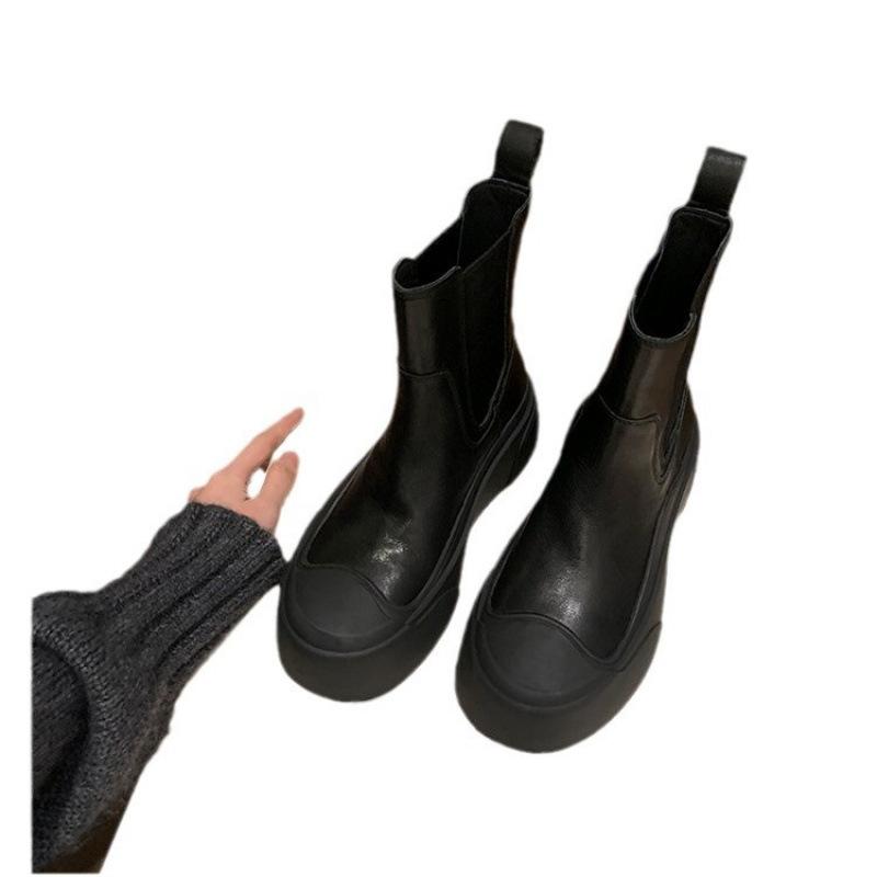 Stylish splicing small round head lazy thick bottom Chelsea one pedal thin short boots woman
