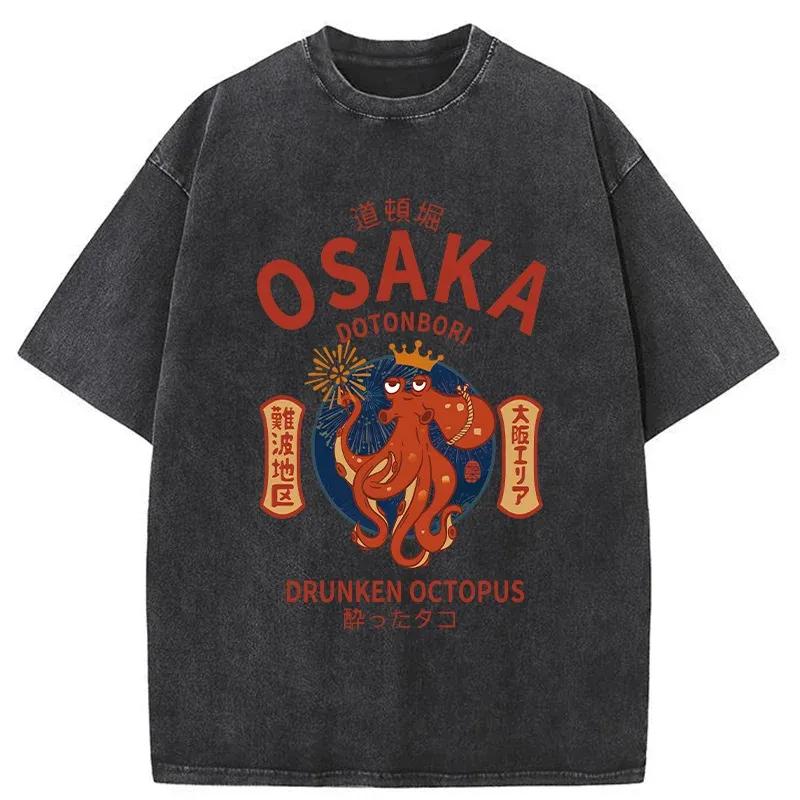 

Short Sleeved Round Neck Yk Tshirt Unisex Clothing New in Top Tees Unisexs TShirt Osaka Dotonbori Drunken Octopus Graphic Washed M
