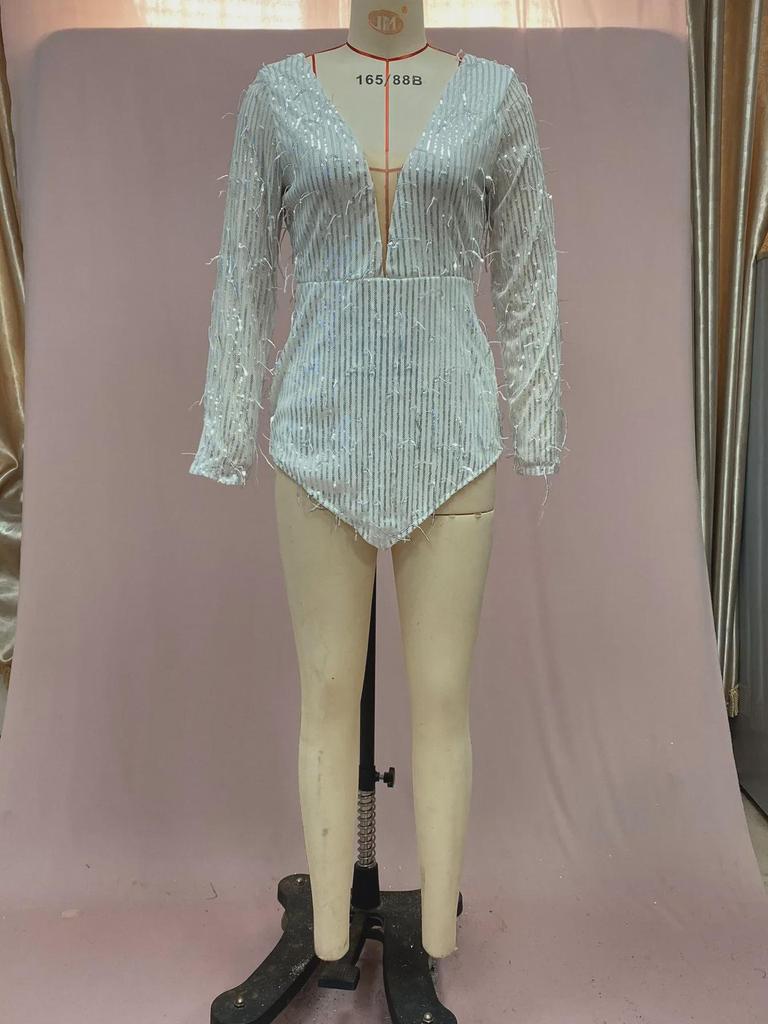 Minissaia de Lantejoulas e Franjas Decote V Profundo Feminina Europeia e Americana 2025