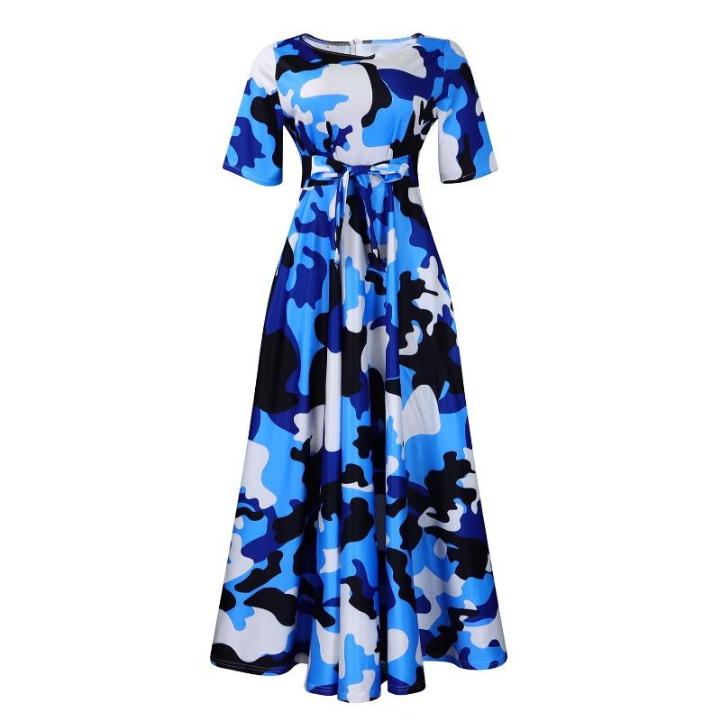 Women Fashion Plus Size Short Sleeve Lace Up Mid Length A Line Dress