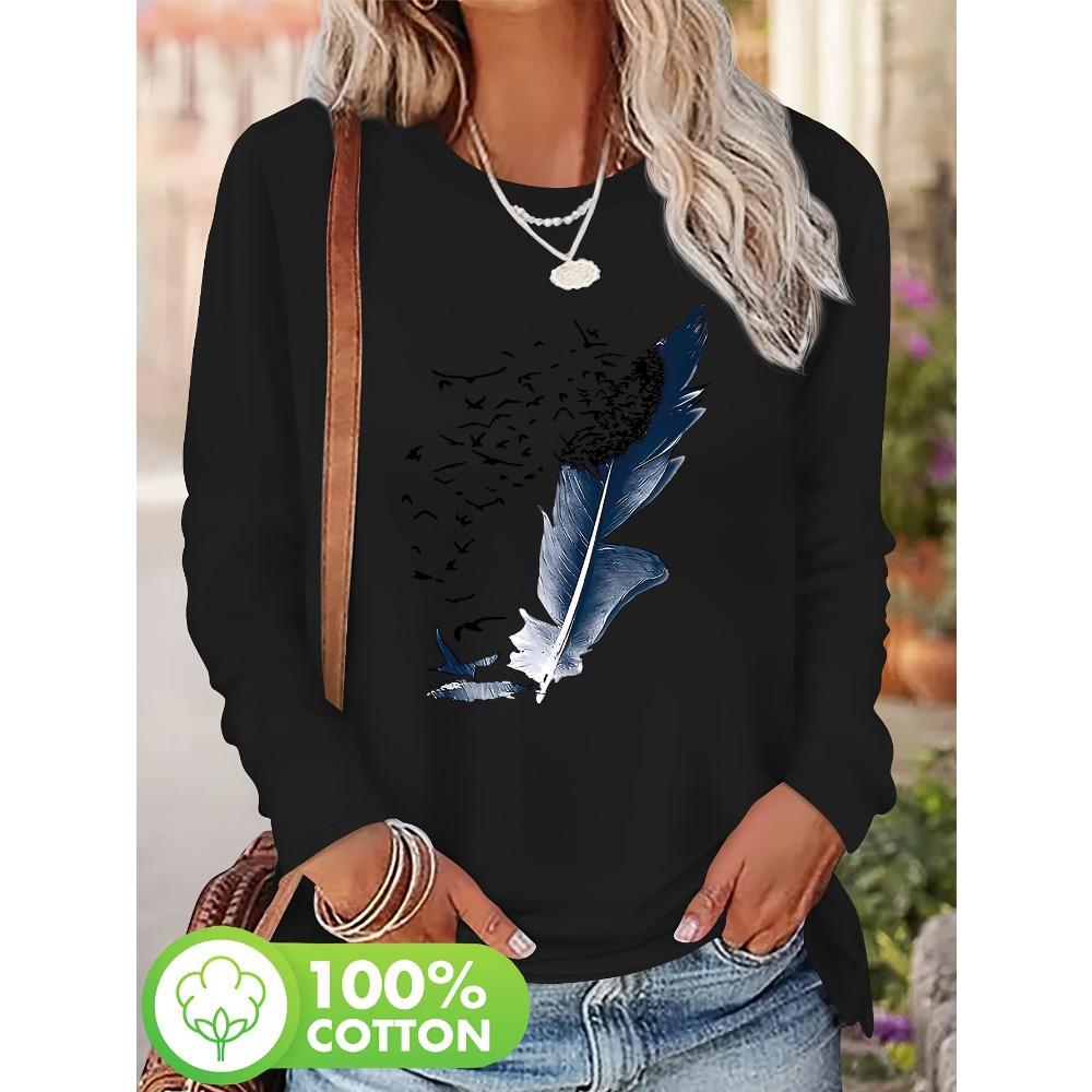 Women'S Cotton Long Sleeve T-Shirt Leaf and Birds Casual Top Fall Winter Fashion Ladies T Shirts Clothing Artistic Print Tee