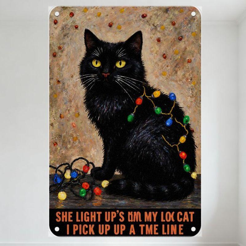 Whimsical Black Cat with Yellow Eyes Christmas Lights Tin Sign Festive Decorative Metal Poster for Bar Home Wall Art 8x12 Inch