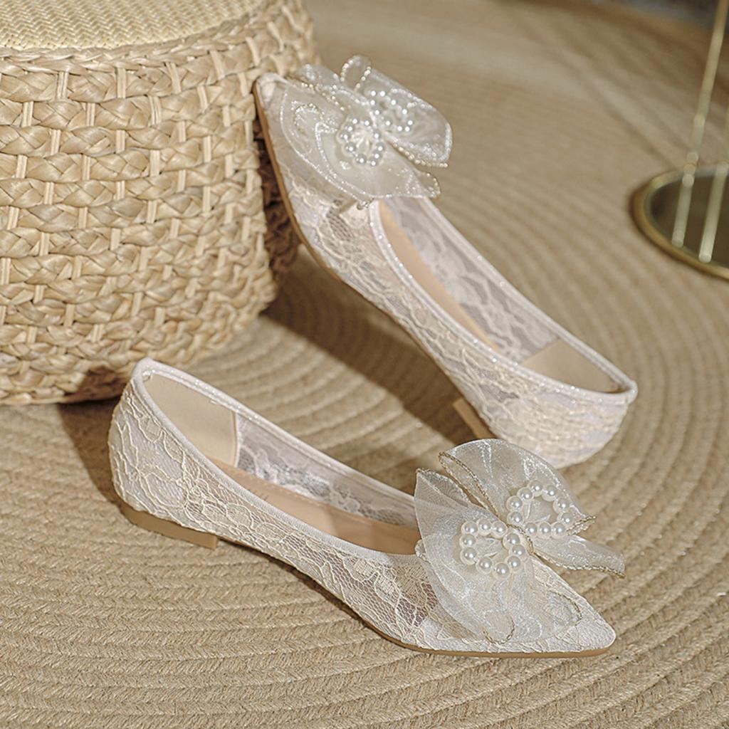French Style Women's Flat Shoes, New Fairy Style Pearl Bridesmaid Single Shoes, Mesh Breathable and Gentle Sandals for Women