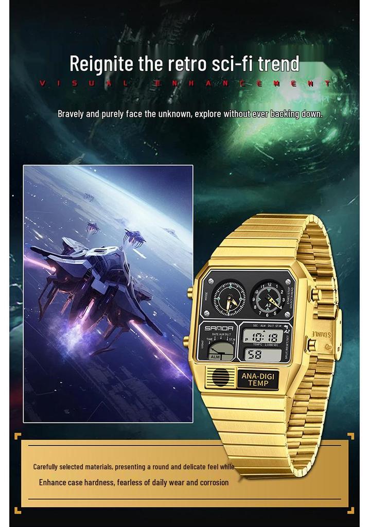 Sanda Men's Multi-Function Square Steel Band Watch with Temperature Measuring and Stopwatch Timer