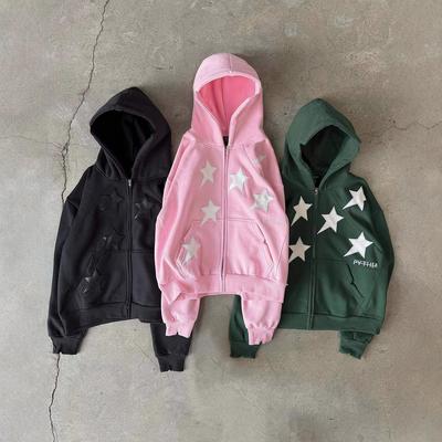 Unisex Star Print Loose Street Style Zipper Hoodie