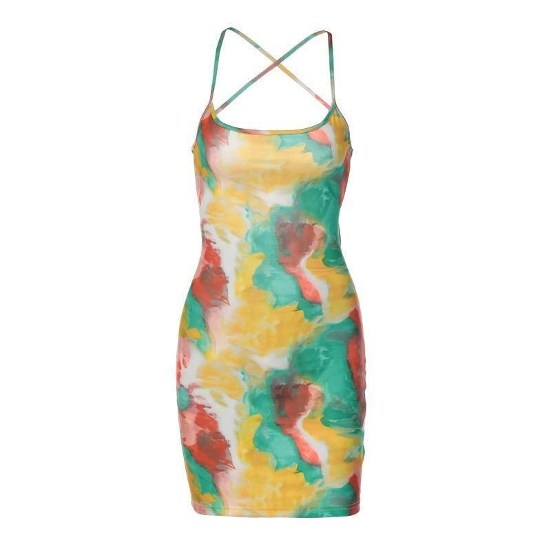 Kadın Yaz Batik Etek Seksi Halter Halter Elbise