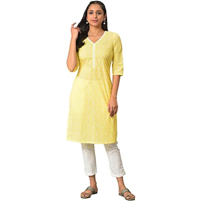 Aurelia Women's Cotton Regular Yellow Floral Printed V-Neck Kurta (23FEA13899-506697