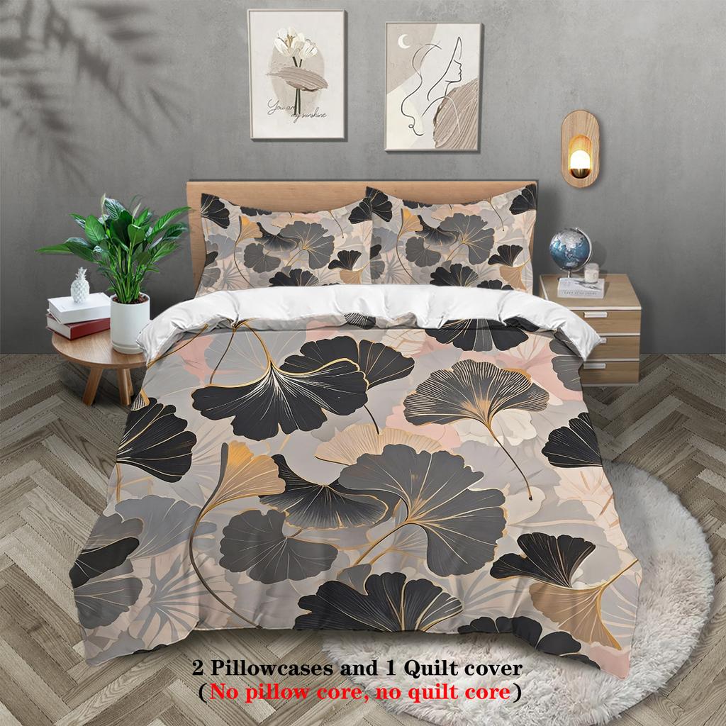 3pcs Duvet Cover Set King Size, Ginkgo Leaf Pattern Print, Soft, Comfortable and Breathable, Bedding Set for Bedroom,Hotel