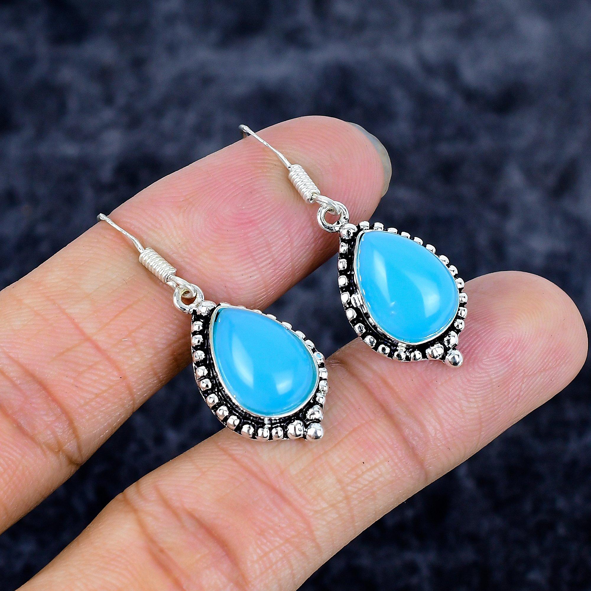 

Blue Chalcedony Gemstone Handmade 925 Sterling Silver Jewelry Earring 1.58 M-3362