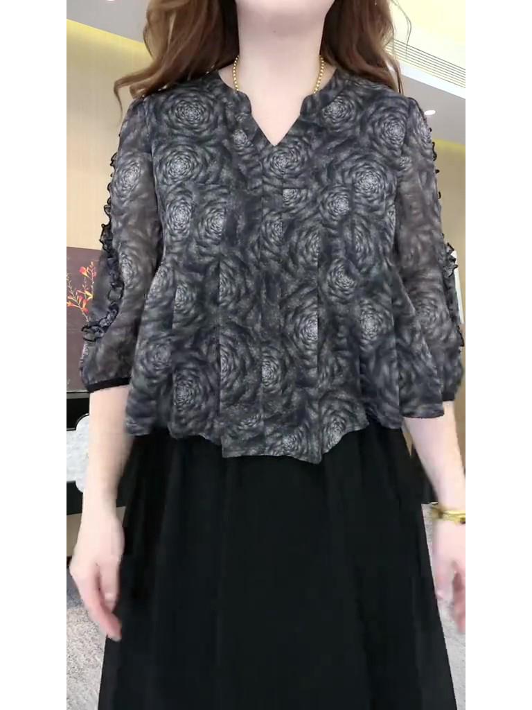 2025 Luxe French Floral Chiffon Plus Size Slimming Dress for Women