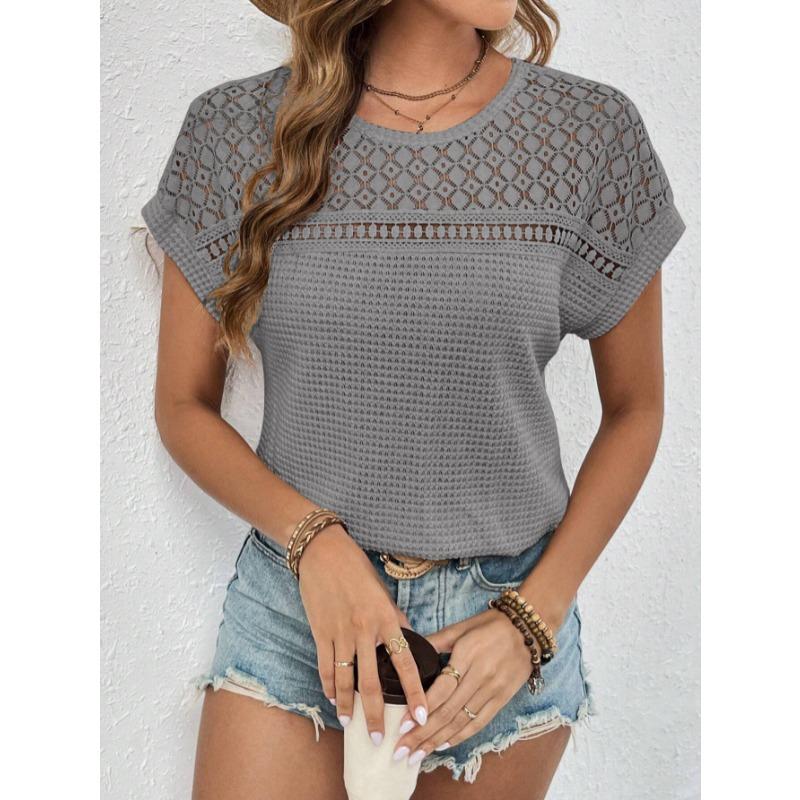 Fashion Round Neck Summer Lace Blouses New Short Sleeve Hollow Out Loose Shirts Women Elegant Breathable Vintage Women Casual Solid Ladies Tops 3493