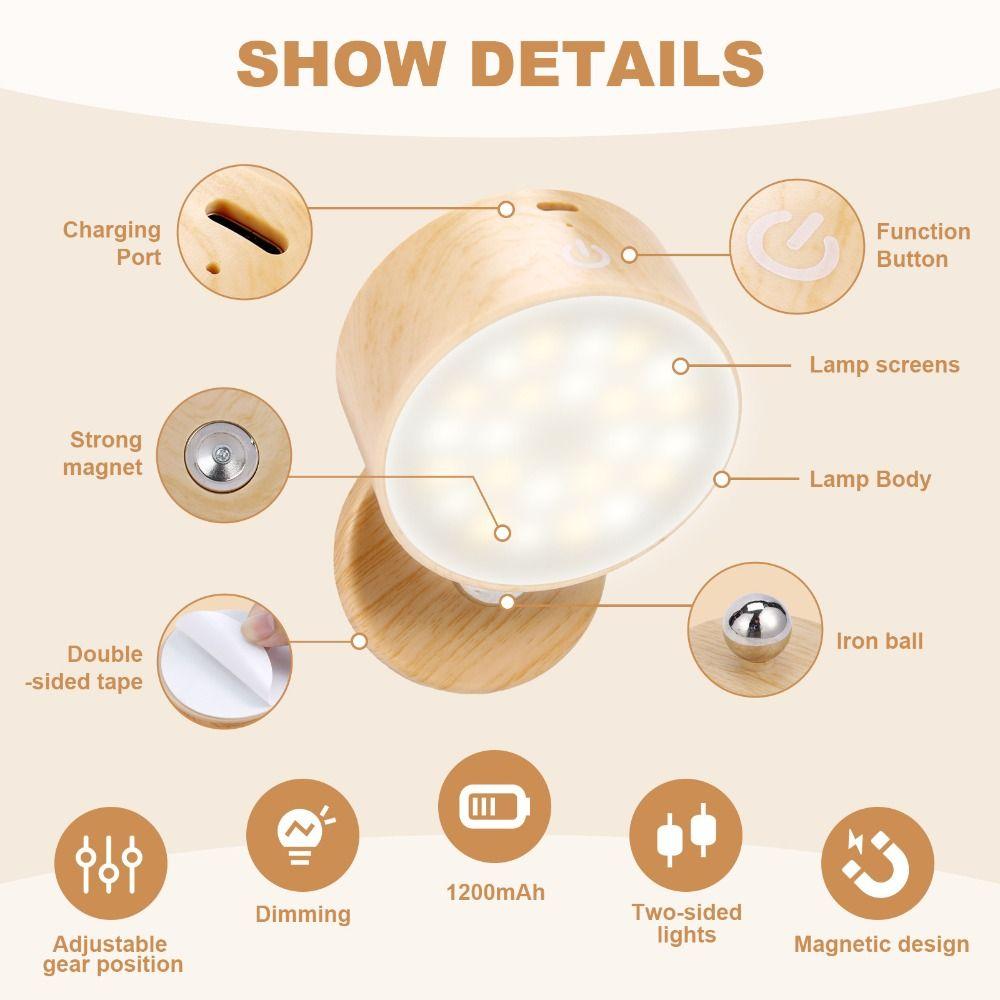 360° Rotating Wooden Wall Mounted Lamp Dimmable Touch Control LED Wall Sconce Magnetic Mountin Double-sided Magnetic Night Light