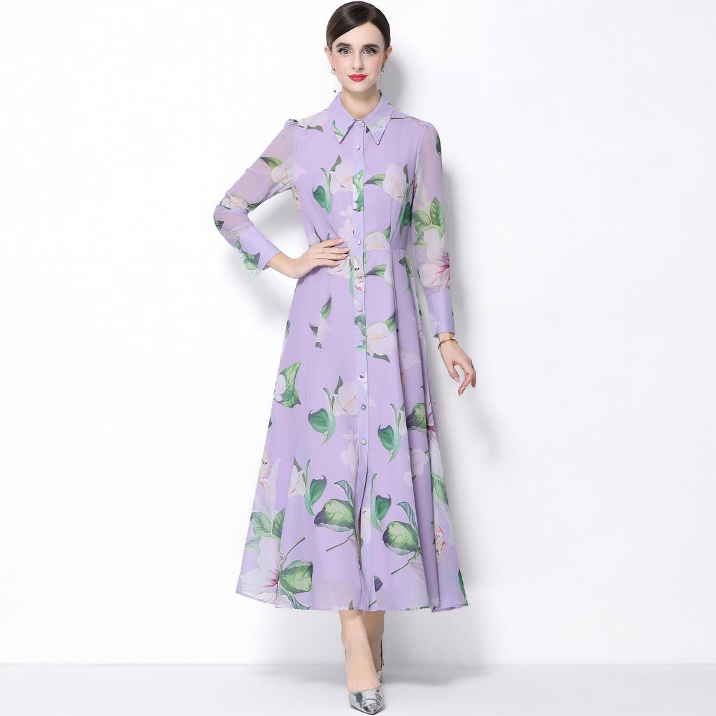 Spring Clothing for Women 2026 New Style High-End Flower Printed Belt Slim-Fitting Long French Long Sleeve Chiffon Maxi Dress