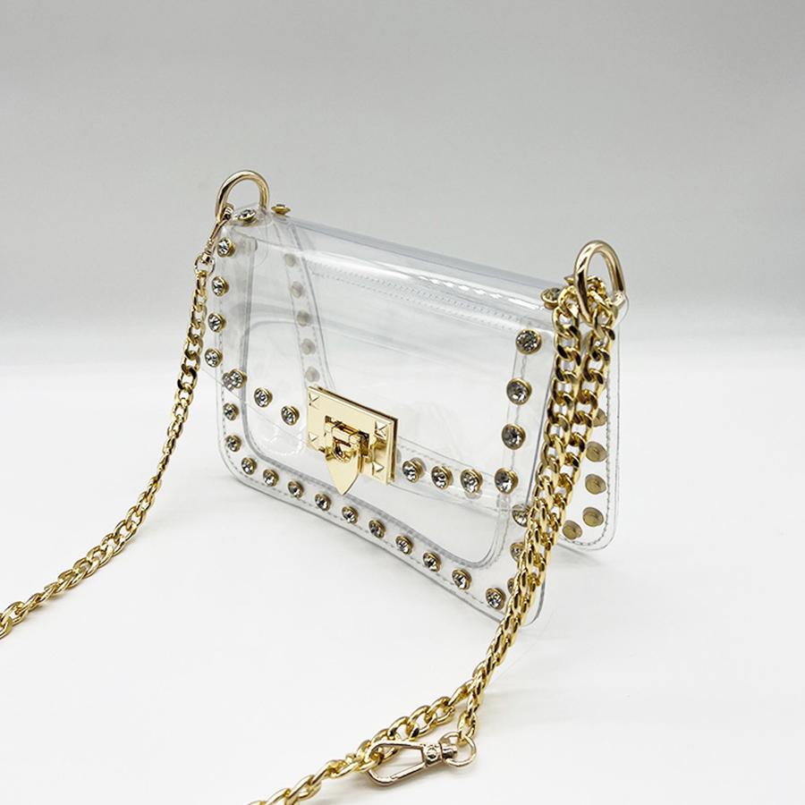 Women's New Flip Small Handbag Fashion Rivets Clear Jelly Shoulder Bag Transparent Crossbody Bag Y2K Chains Small Square Bag Sac