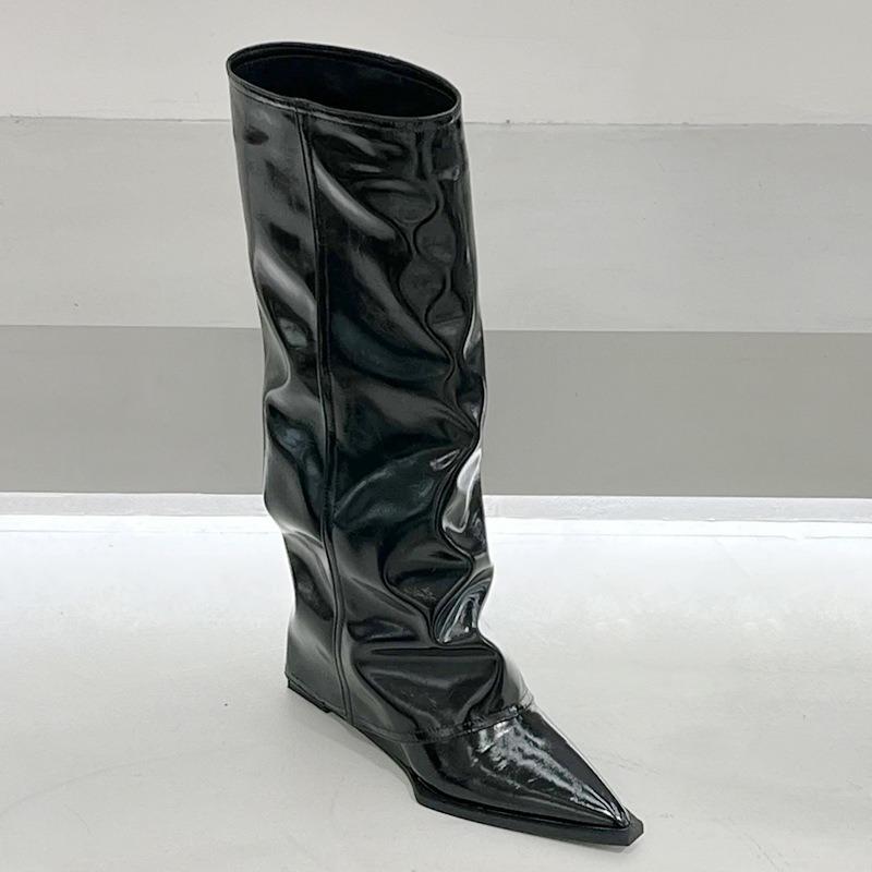 Rindsleder~ Stiefel Damenstiefel Hoch aber Knie Skinny Schwarz Lackleder Spitz Keilabsatz Hosenstiefel