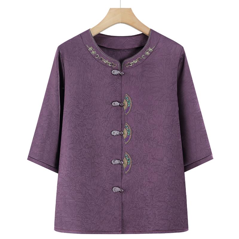 

Embroidered Mid-Sleeve Tang Style Shirt for Women - Stylish Summer Top for Middle-Aged and Elderly XL (Recommended 80-100 jin)