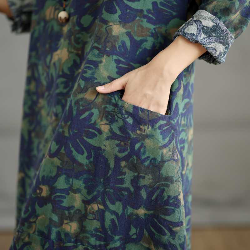Neues Baumwoll- und Leinenkleid mit Print, langärmlig, Retro-Print, Übergröße, Rollkragen, mittellanges Kleid