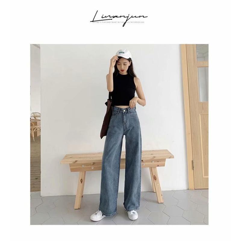 Wide-leg jeans women's loose autumn and winter new Hong Kong retro high-waisted drape ic straight floor-mopping trousers