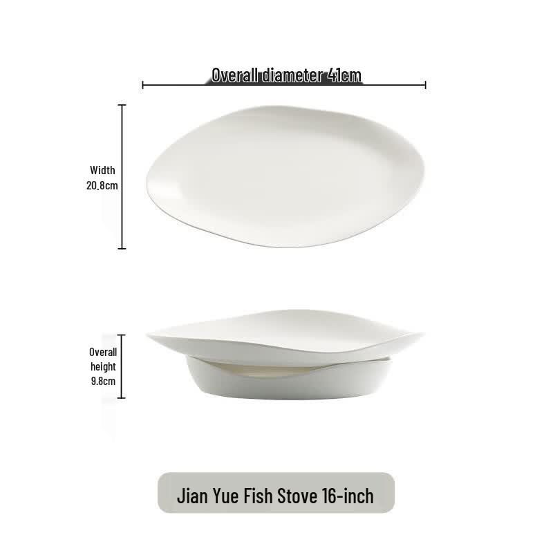 Bu Man Chun Ceramic Alcohol-Heated Fish Plate 16-inch Simple Joy Fish Plate with Base