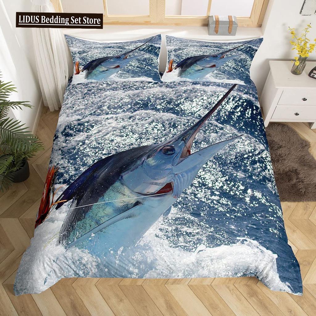Pike Fish Bedding Striped Bass Big Pattern Hunting And Fishing Themed Duvet Cover For Kids Boys BedRoom Decorations For Teens