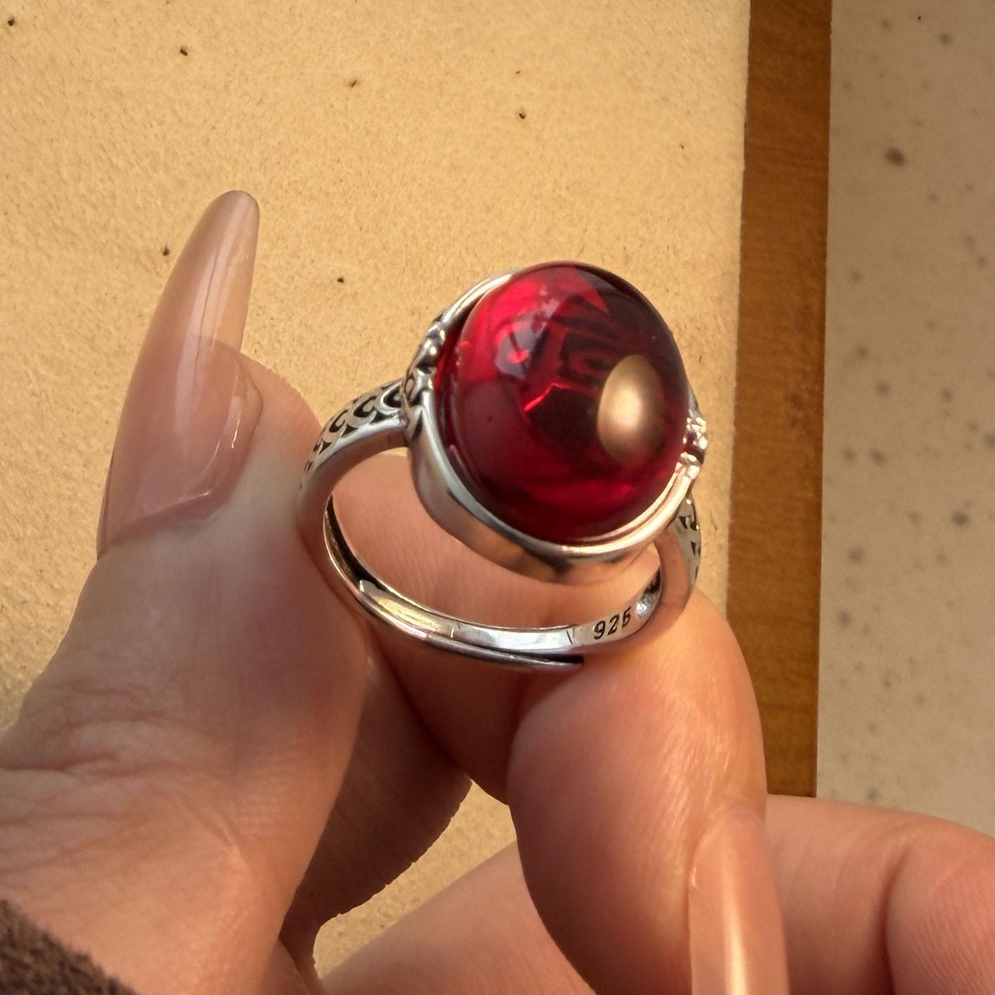 

925 Sterling Silver Rings for Women Couple Minimalist Handmade Simple Red Big Stone Ring Fine Jewelry Gift Prevent Allergy resizable