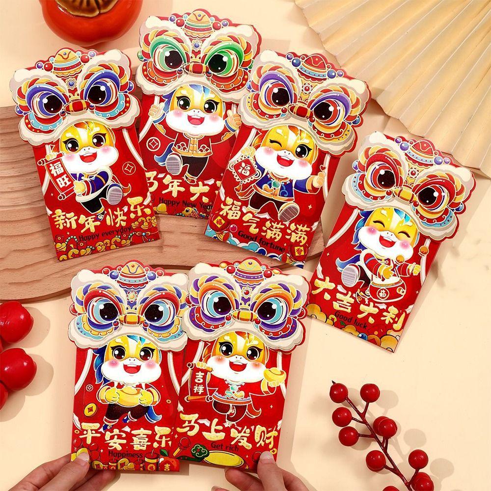 6pcs Mixed Pattern Cartoon Red Envelope Hongbao Thickened Lucky Money Bag Traditional Blessing Money Bag Chinese New Year