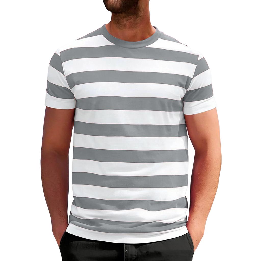 Men Crew Neck Short Sleeve Striped T Shirt Casual Fit Soft Fabric Lightweight Breathable Classic Style Top