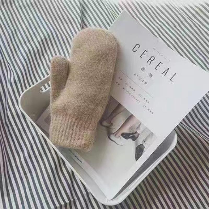 

Новые женские зимние теплые плюс кашемировые сплошные эластичные мягкие варежки с полными пальцами перчатки искусственный мех кролика вязаные милые One Size