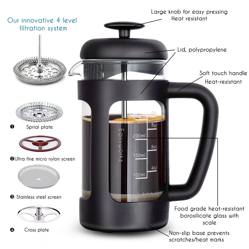 French Press Kávovar Borosilikátové Sklo, Rukojeť s Měkkým Úchopem a Nerezový Filtr, pro Kávu Čaj Vaření