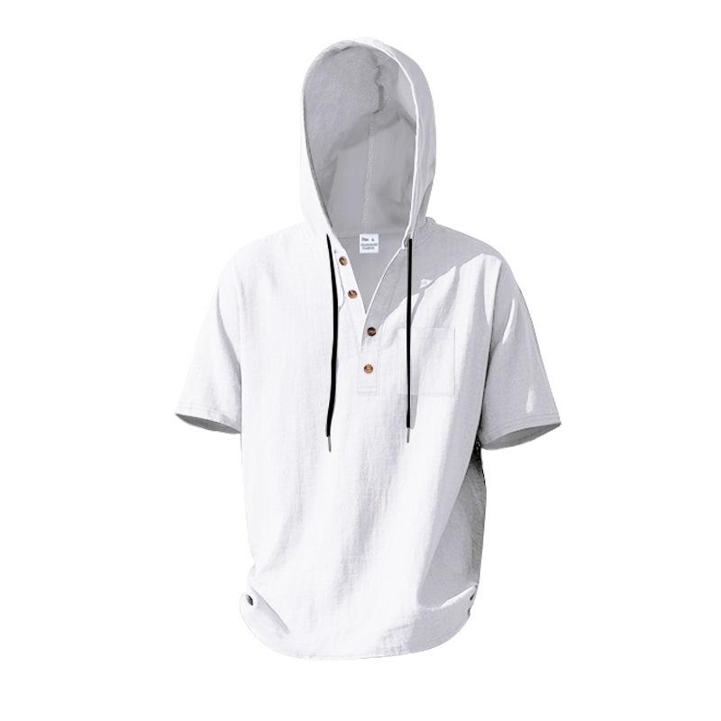 Men's Relaxed Fit Linen Beach Hooded Pocket Henley Short-Sleeved Shirt