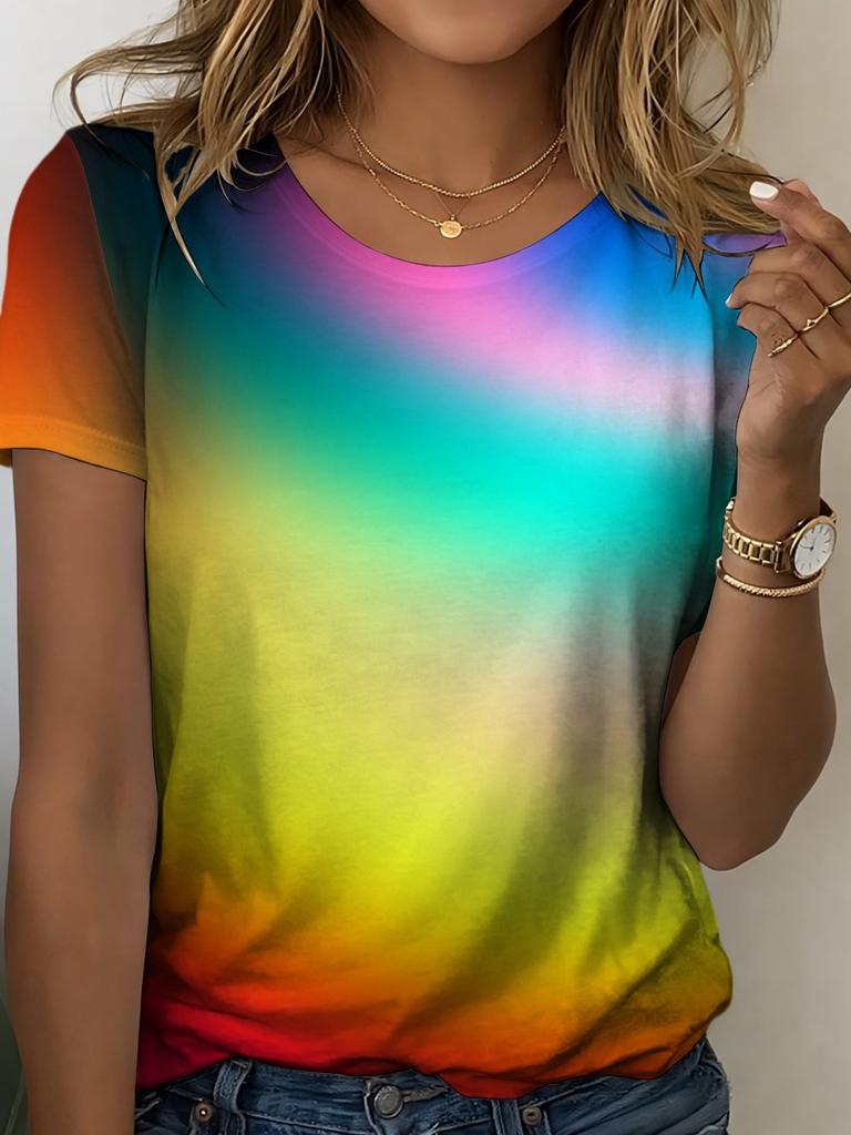 Women's short-sleeved T-shirt with rainbow gradient design, lightweight and breathable