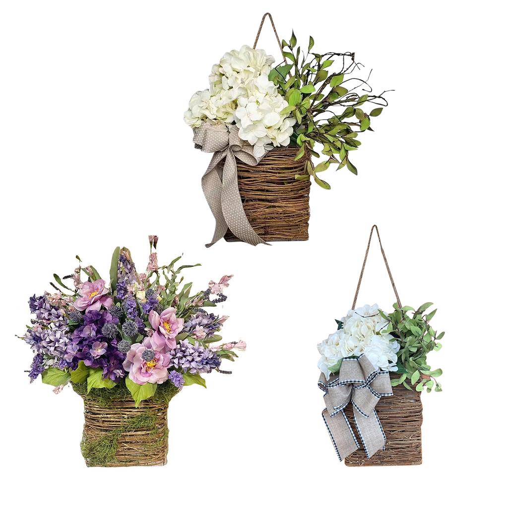 Artificial Easter Hydrangea Flower Basket Pendant Simulation Flower Rattan Basket Ornaments Gifts Home Decor for Porch Farmhouse