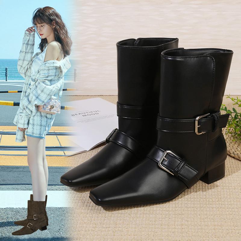 Woman Short Boots  Autumn Suede Leather Square Toe Women Heel Midsole Boots Low Heel Buckle Strap Retro Botas Para Mujer