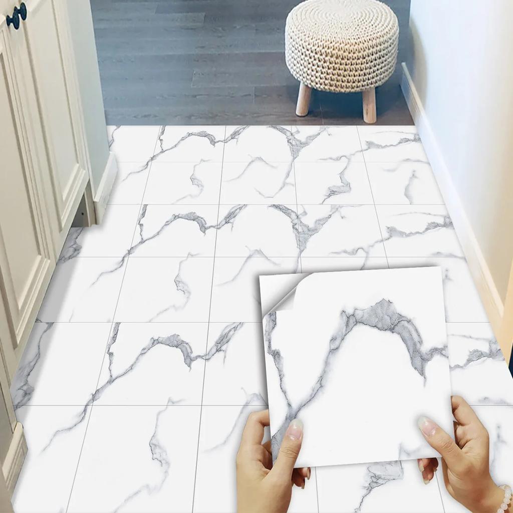 10PCS 30×30cm White Marble Floor Tile Waterproof Peel Stick Self Adhesive Removable Flooring for Kitchen Bathroom Living Room