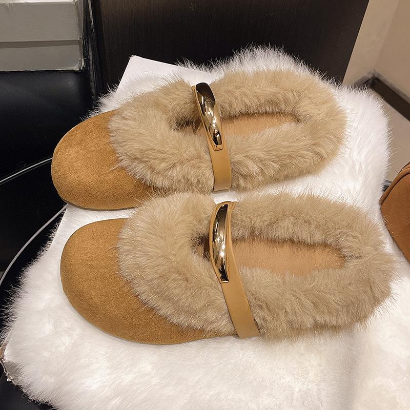 Xiaoxiangfeng fluffy shoes women's flat-bottomed cotton slippers autumn and winter outer wear design sense soft-soled Mary Jane velvet single shoes
