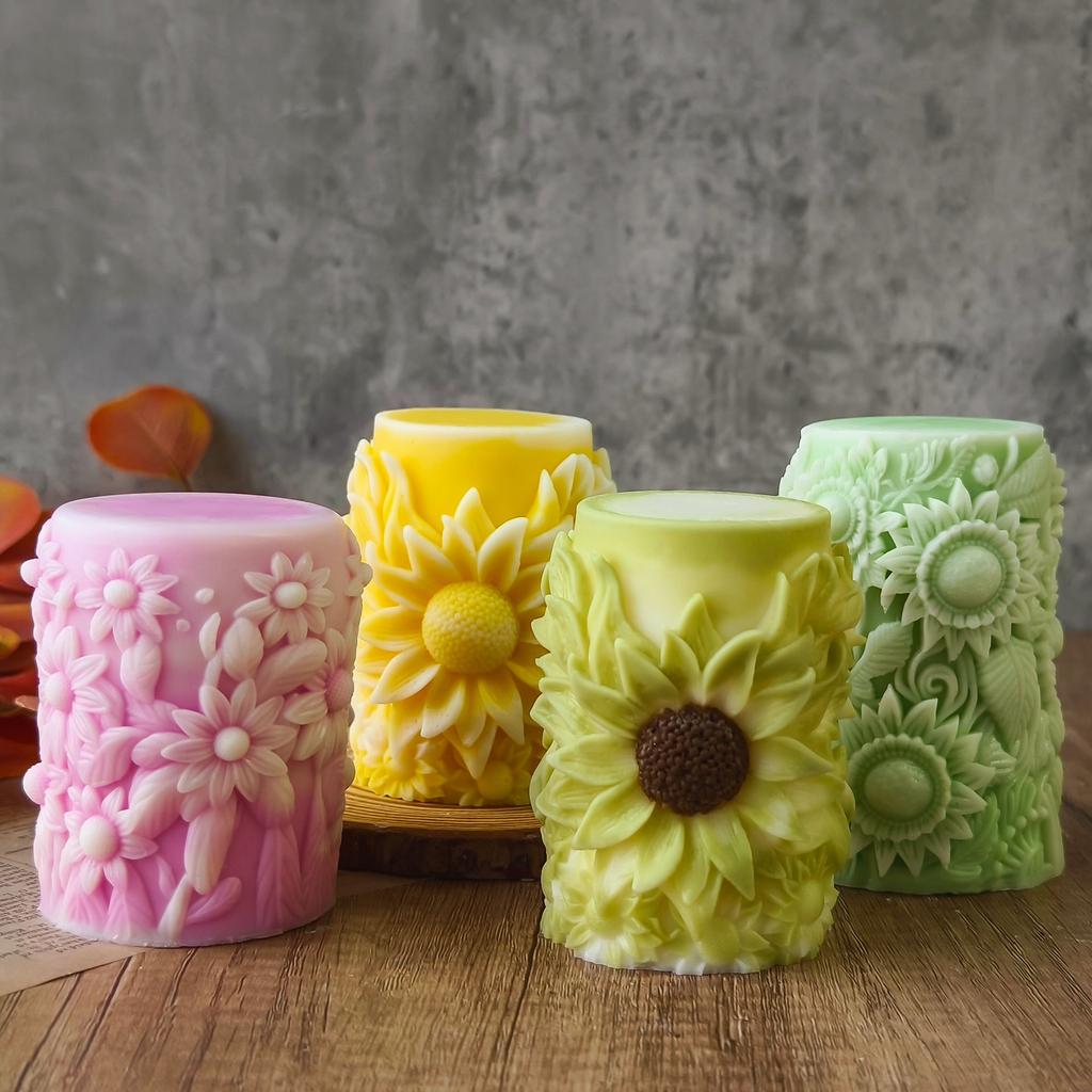 Sunflower Pillar Aroma Candle Silicone Mold DIY Daisy Flower Cylinder Handmade Soap Diffuser Drip Mold