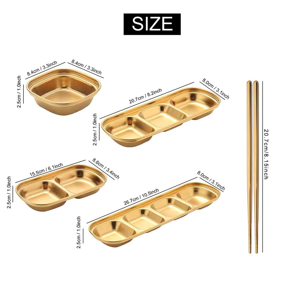 Golden Korean Style Stainless Steel Divided Dip Bowls Sauce Plate Seasoning Dipping Condiment Tray for BBQ Vinegar Spice Ketchup