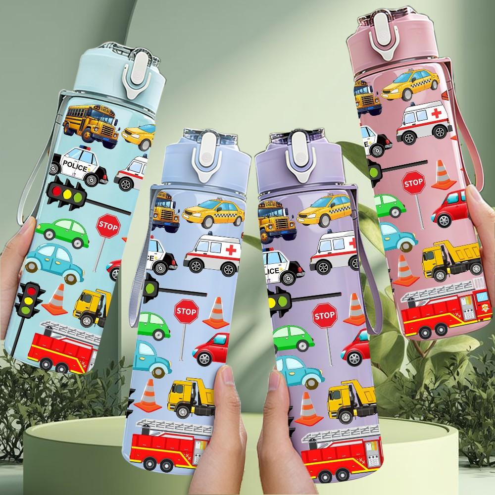 1PC Mini Toy Vehicle Group Cartoon Print 750ml Color Plastic Sports Water Bottle Leakproof Flip Straw Lid Suitable for Sports Office Home Use