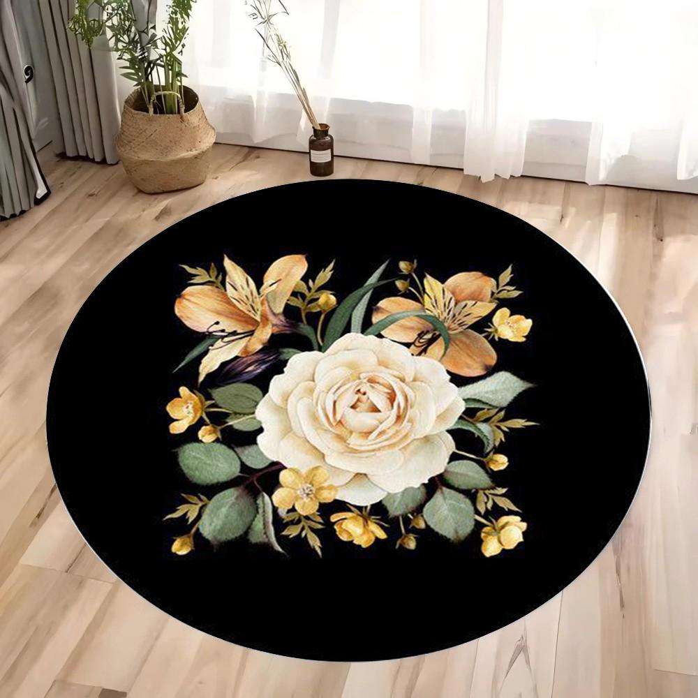 Luxury Flowers Area Rug, Round Washable Non-Slip Large Carpet for Bedroom Room Office Farmhouse, Stylish Home Decor, Outdoor Rug
